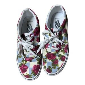 Vans Floral Rose Blue Plaid Tie Lace Sneakers Shoes Size 8.5 Womens